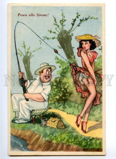 146523 COMIC Fisherman FISHING Lady Fish hook PIN-UP Vintage | Topics -  Advertising, Postcard