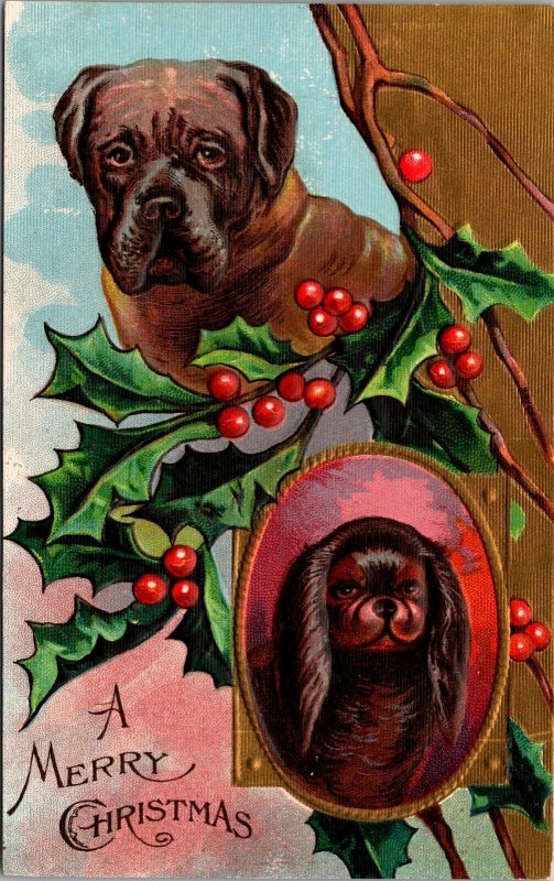 Two Christmas Postcards Dogs and Holly~3241
