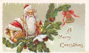 Santa Claus Drum Bell Pine Tree Merry Christmas Greetings 1910c postcard