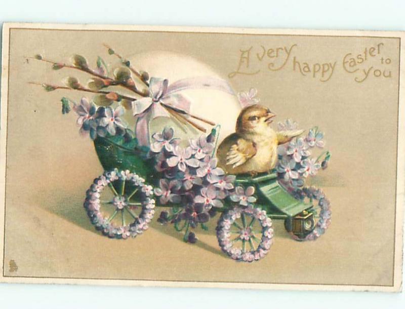 Pre-Linen Easter CUTE CHICK RIDING ON CAR DECORATED WITH FLOWERS AB3885