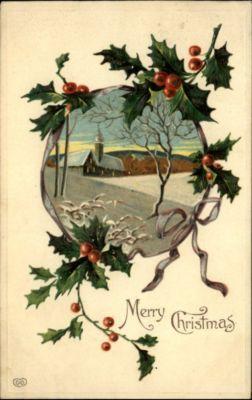 Christmas Embossed Holly Berries House c1910 Postcard