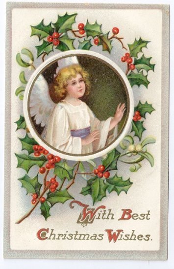 Christmas Angel Framed w Embossed Holly Vintage Litho IAP Postcard
