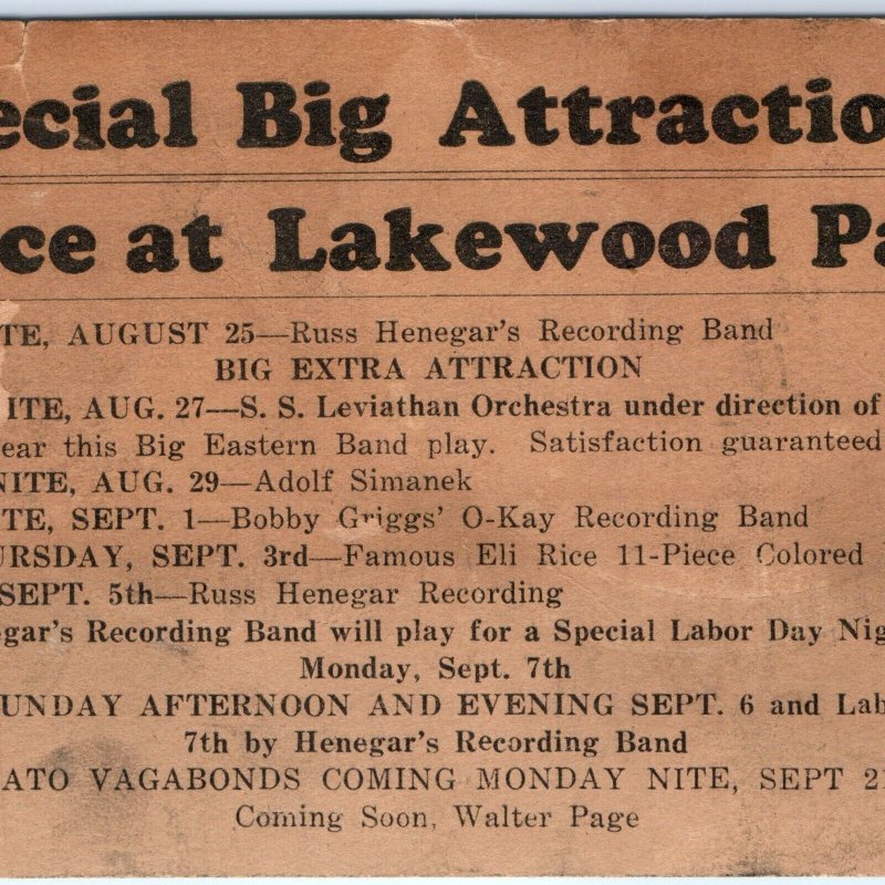 1931 Lakewood Park, IA Performers Event Advertising SS Leviathan Orchestra A162