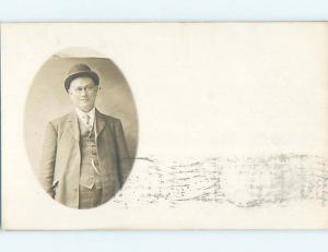 1911 rppc MAN WEARING BOWLER HAT Postmarked Galena Illinois IL HM2495