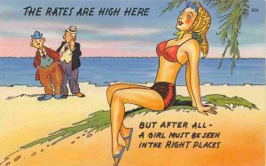 Rates Are High Here But A Girl Must Be Seen Vacation Comic Humor linen postcard