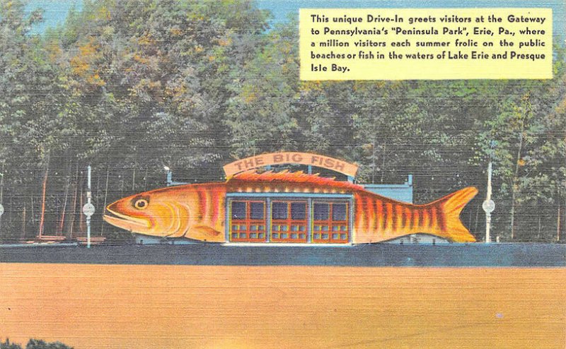 Erie PA Peninsula Park Fish Shaped Diner Linen Postcard