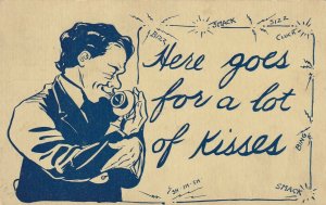 COMIC, 1900-10s; Here goes for a lot of kisses Man kissing telephone