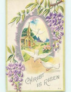 Pre-Linen easter WHITE DOVE BIRDS FLYING AROUND THE CHURCH WITH FLOWERS hr2607