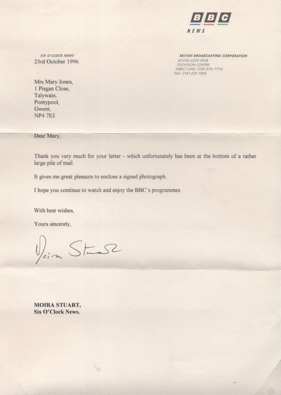 Moira Stuart TV Newsreader Hand Signed BBC Autograph Letter