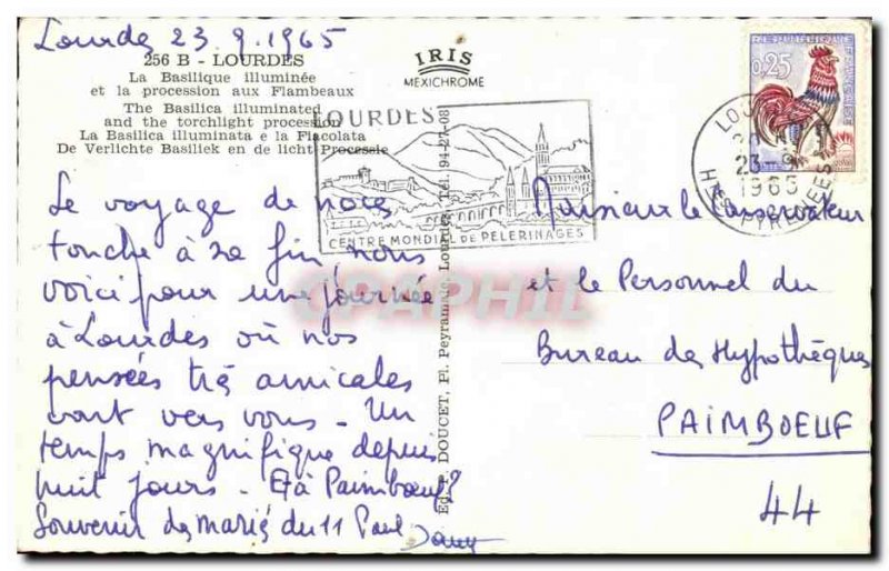Old Postcard Lourdes Basilica ILLUMINEE and torchlight procession