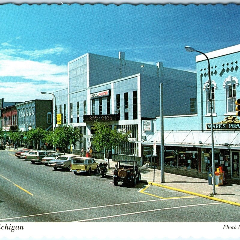 c1980s Mason, Mich. Downtown Stores Ware's Pharmacy Postcard Main St Cars MI A79