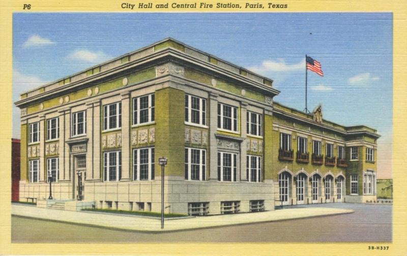 City Hall & Central Fire Station Paris TX Texas Unused Vintage Linen Postcard E8