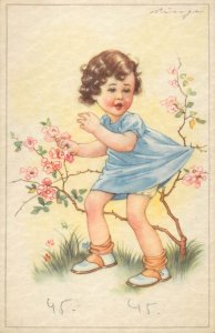 Drawn children scenes artist greetings postcard girl blossoms flowers spine