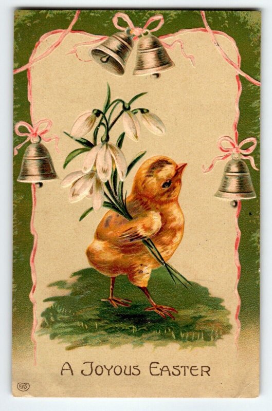 Easter Postcard Baby Chick Holds Lily Flowers Embossed Bells Germany Vintage EAS