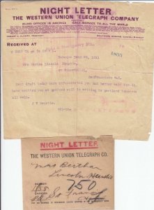 2 Western Union Telegraph NIGHT Letters & Hotel Notices (23702)