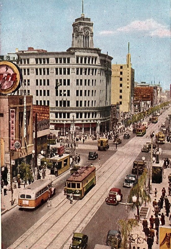 1940s TOYOKO JAPAN THE GINZA BUS TROLLY AERIAL STREET VIEW POSTCARD P1477