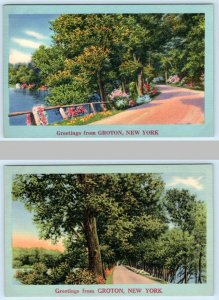 2 Postcards GREETINGS from GROTON, New York NY ~ Tomkins County c1940s Linens