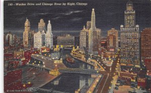 Chicago Illinois 1950 Postcard Wacker Drive & Chicago River at Night
