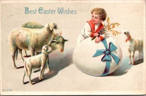 Easter PC Sheep Lambs Boy with Large Egg Wrapped in Blue Bow Pussy Willow Wheat