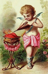 Cartão vitoriano dos anos 1870-80 longos anos de felicidade querubim corações flamejantes P149-