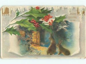 Pre-Linen Christmas BEAUTIFUL BUNNY RABBITS LOOKING AT LIGHT FROM HOUSE AB5302