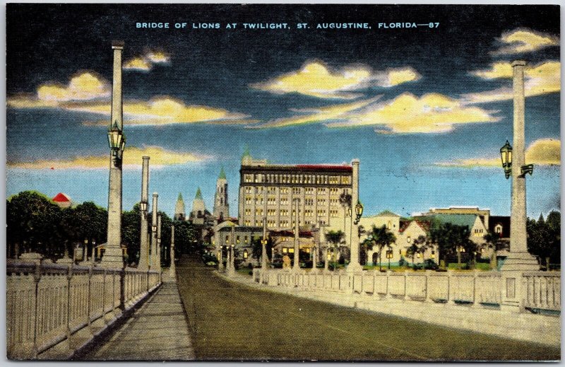 Bridge Of Lions at Twilight Saint Augustine Florida FL Night View Postcard