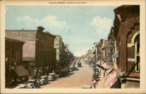 Sarnia Ontario Front Street Shops Old Cars c1930-50s Vintage Postcard