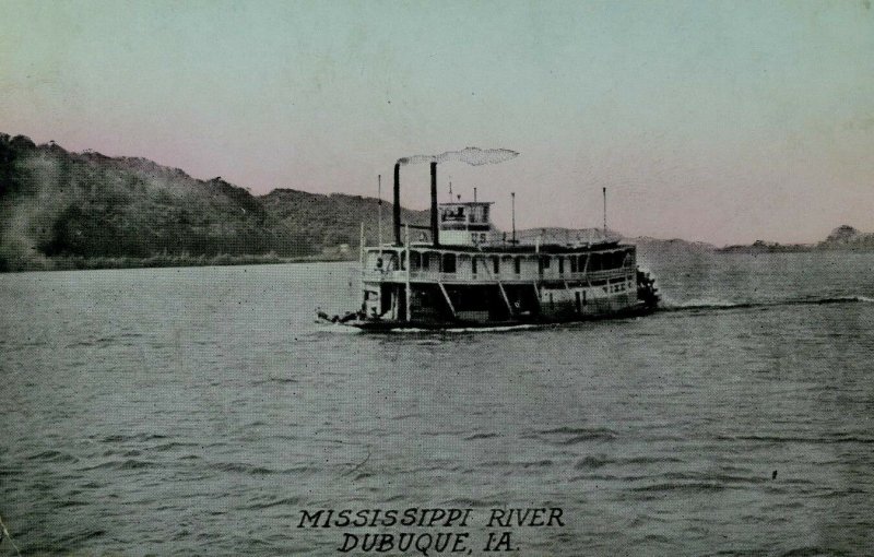 C.1910 Hand Colored Paddle Steamer Mississippi River Dubuque, IA Postcard P108