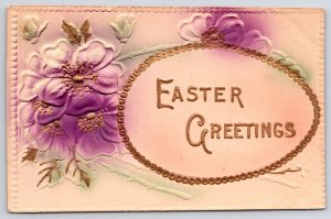 Easter Greetings Embossed Violet Flowers Holiday Wishes Postcard