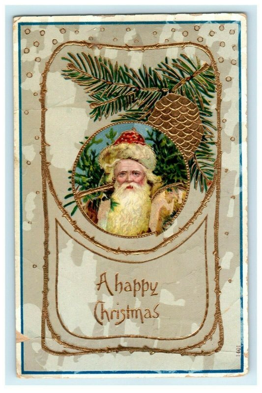 Antique Brown Robe Santa Christmas Gold Gilt Germany c1910 Pinecone Postcard