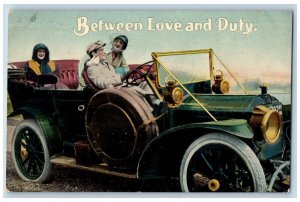 Car Romance Postcard Couple Between Love And Beauty c1910's Posted Antique