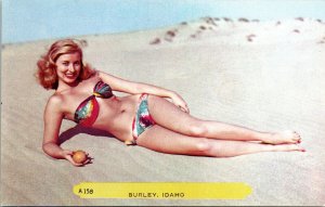 Pin Up Blonde Beach Girl in Tie Dye Bikini Burley Idaho Postcard