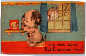 Postcard Comic Anthropomorphic Dog This Burg seems blue without you