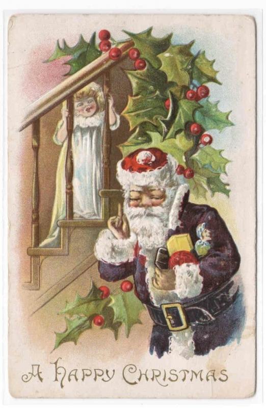 Purple Robe Santa Child Stairs Christmas 1910c postcard