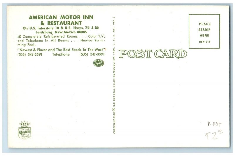 Lordsburg New Mexico NM Postcard American Motor Inn Restaurant Multiview c1960