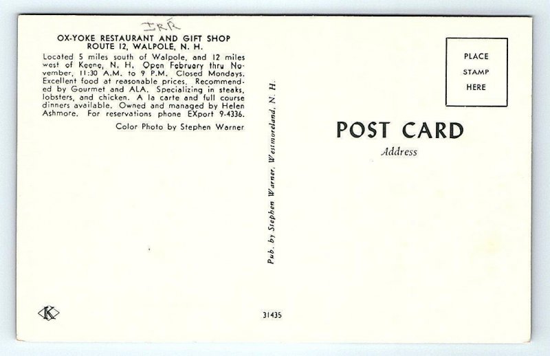 WALPOLE, NH New Hampshire ~ OX-YOKE RESTAURANT & Gift Shop c1950s  Postcard