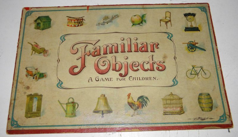 1890's FAMILIAR OBJECTS FOR CHILDREN 5 GAME CARDS + BOX TOP ONLY*GREAT GRAPHICS
