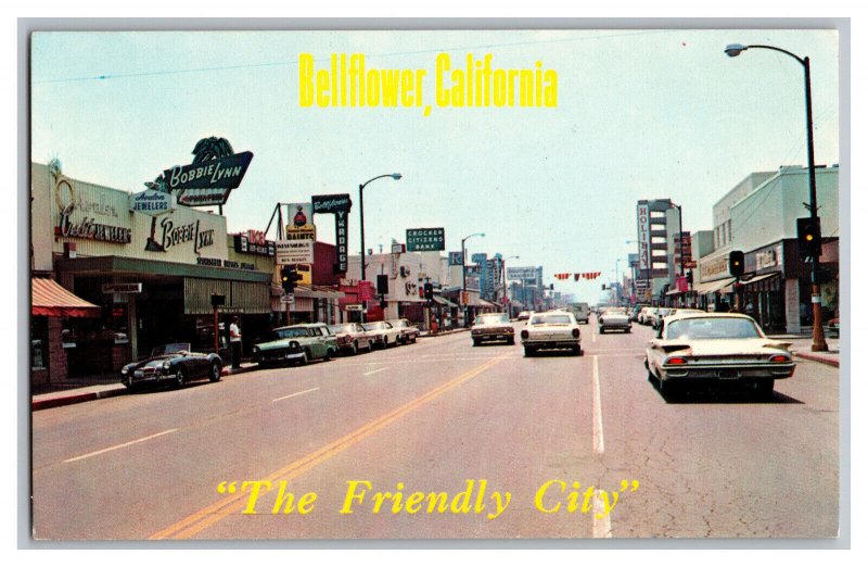 Postcard CA Bellflower California Main Street Bellflower Blvd. Old Cars Signs 