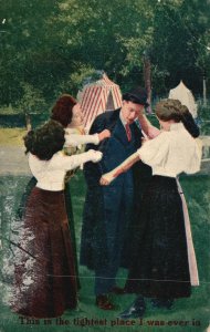 Vintage Postcard 1910's Man & Women Art This Is The Tightest Place I Was Ever In