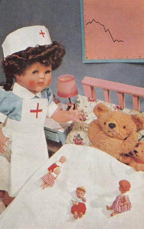 Teddy Bear With Doll Dressed as a Nurse 1960s British Postcard