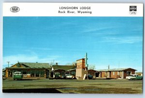 1960 Rock River Wyoming Postcard Longhorn Lodge Coffee Shop Rustic Luxury Motel