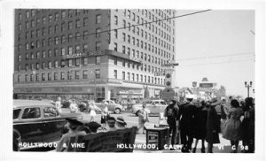 RPPC HOLLYWOOD & VINE Hollywood, CA Street Scene KFWB ca 1940s Vintage Postcard