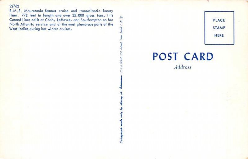 RMS Mauretania Cunard Line Ship Unused 