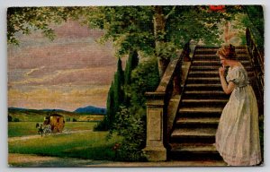 He's Coming Woman Watches Carriage Erpaco Hamburg Oleograph Style Postcard L47