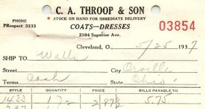 1937 C.A. THROOP & SON COATS-DRESSES CLEVELAND OHIO BILLHEAD STATEMENT Z1380