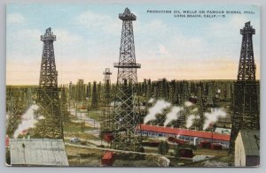 Mining-Factory~Long Beach California~Signal Hill Oil Wells~Linen Postcard 