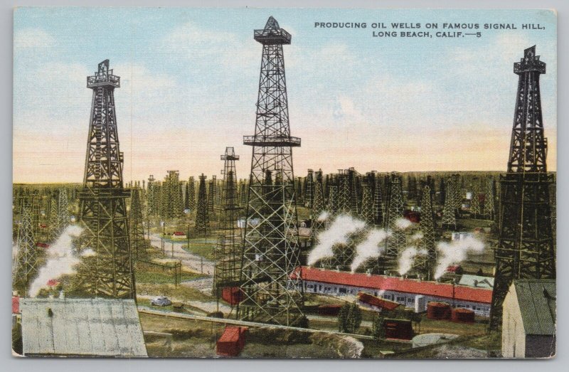 Mining-Factory~Long Beach California~Signal Hill Oil Wells~Linen Postcard