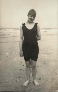 Bathing Beauty Woman on Beach Bathing Suit Cap c1920 Real Photo Postcard