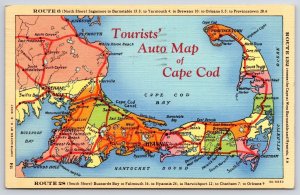 1940 Tourists' Auto Map Of Cape Cod Massachusetts Towns & Routes Posted Postcard