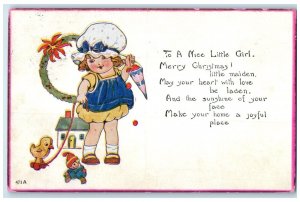 c1910's Christmas Cute Girl With Toys Cone Chick Whreat Thor Iowa IA Postcard